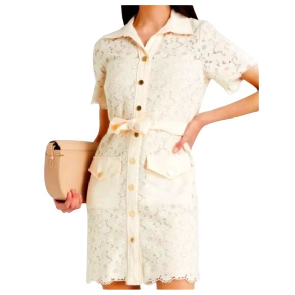 Sandro Adrienne NWOT Ivory and Pink Lace Overlay Shirt Dress - Picture 1 of 10